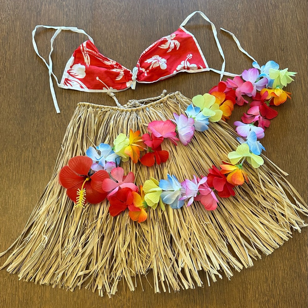 Vintage Girl's Natural Hula Skirt Costume + Cotton Bikini Top + Accessories
